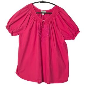 Company One Woman Embroidered Puff Sleeve Cotton Blouse Pink 3X Plus Size